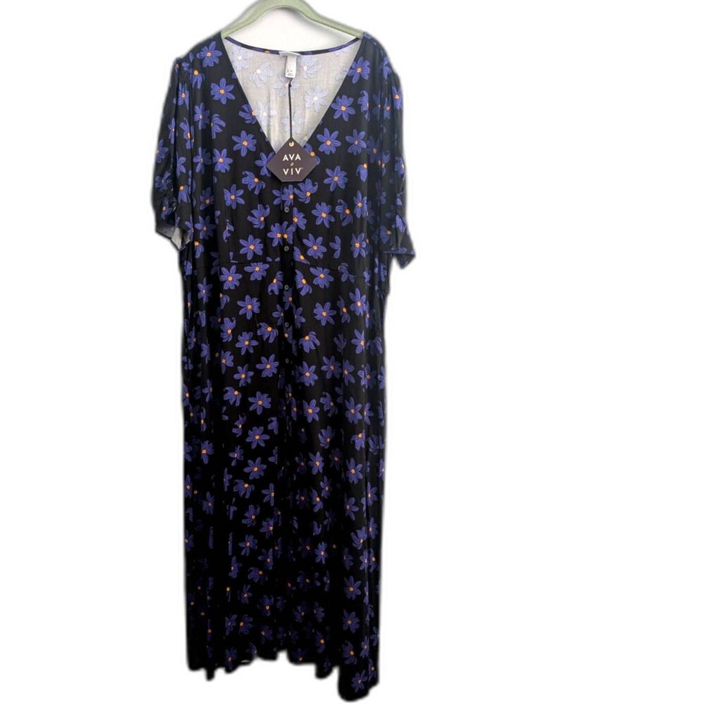 Ava & Viv Pull Over Black/Blue Floral Maxi Dress Size 2X
